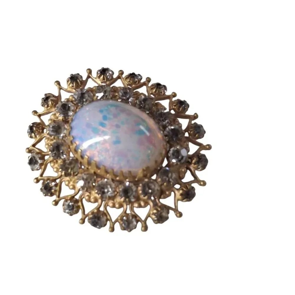 Vintage Gold Tone Brooch with Faux Opal Center & Clear Rhinestones | Unsigned Mi